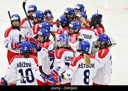 Liberec, Repubblica Ceca. 10 febbraio 2024. Euro Hockey Tour Women: Repubblica Ceca - Svizzera, Liberec, Repubblica Ceca, 10 febbraio 2024. I giocatori cechi celebrano una vittoria. Crediti: Radek Petrasek/CTK Photo/Alamy Live News Foto Stock