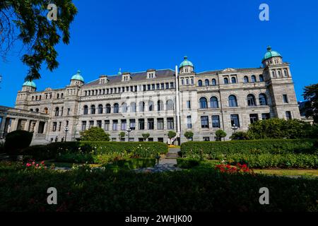 Edificio storico del parlamento nel centro cittadino di Victoria, Isola di Vancouver, Columbia Britannica, Canada Foto Stock