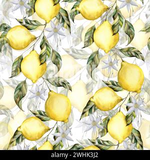 Motivo senza cuciture con limone su un ramo con foglie. Illustrazione ad acquerello per la decorazione e la progettazione di tessuti, tessuti, souvenir Foto Stock