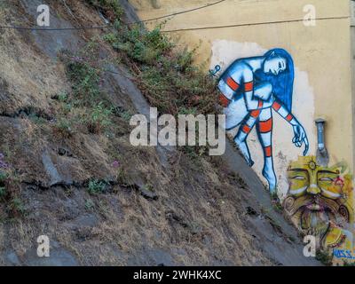 Valparaiso, Cile - 15 gennaio 2014 colorate case di Street art nella città portuale di Valparaiso, Patrimonio dell'Umanità dell'UNESCO, in Cile, gli artisti locali utilizzano Foto Stock