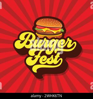 Burger Fest, testo modificabile tipografico con un cheeseburger su sfondo retrò. Modello fast food, banner, poster per ristorante. Illustrazione Vettoriale