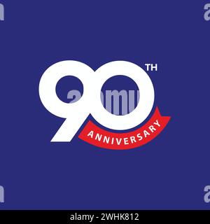 design del modello per il 90° anniversario con nastro rosso su sfondo blu. evento celebrativo per il 90° anniversario, biglietto d'invito, biglietto d'auguri, striscione Illustrazione Vettoriale