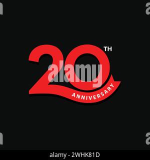 Logo del 20° anniversario di colore rosso su sfondo nero. icona, timbro, etichetta con nastro. Biglietto d'auguri per la festa di compleanno Illustrazione Vettoriale