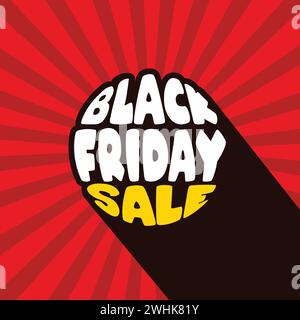 Sconti Black Friday: Tipografia in grassetto retrò con tag rotondo. Grande offerta, banner di promozione aziendale, modello, volantino, poster. Simbolo e simbolo della vendita del venerdì Illustrazione Vettoriale
