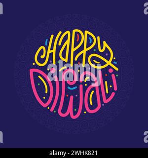 Happy Diwali colorato tipografia disegnata a mano disegno modello vettoriale. Illustrazione del biglietto d'auguri di lusso Diwali per il festival indiano della luce e dei colori. Ha squillato Illustrazione Vettoriale