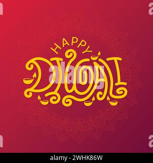 Happy Diwali calligrafia, lettering, illustrazione vettoriale tipografica con mandala decorativo. Modello Diwali, striscione, poster, biglietto d'auguri. Indiano Illustrazione Vettoriale
