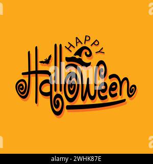 Buona tipografia di Halloween con cappello vettoriale di Halloween, pipistrello su sfondo arancione. Design calligrafico per celebrare le festività mondiali di Halloween Illustrazione Vettoriale