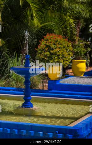 Fontana con bacino d'acqua nel Giardino Majorelle, botanica, acqua, stagno, flora, pianta, botanica, fiore, tropicale, clima, architettura, indaco, blu Foto Stock