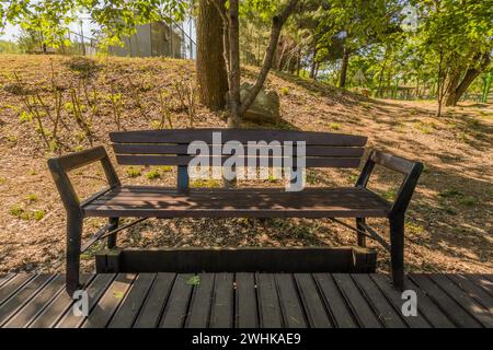 Primo piano di una panchina di un parco in legno in un parco pubblico della Corea del Sud Foto Stock