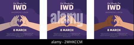 IWD INSPIRE Inclusion Campaign, giornata internazionale della donna 2024 Square social media post Collection offre una varietà di mani che mostrano l'udito Illustrazione Vettoriale