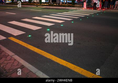 Ripresa notturna, attraversamento pedonale, attraversamento zebra, contro i drogati di smartphone, con semafori a terra, semafori a terra, luci a LED rosse e. Foto Stock