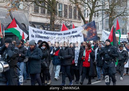 Manifestanti con striscione genocidio su Koenigsallee, manifestazione pro Palestina il 2 dicembre 2023 a Duesseldorf, Renania settentrionale-Vestfalia, Germania Foto Stock