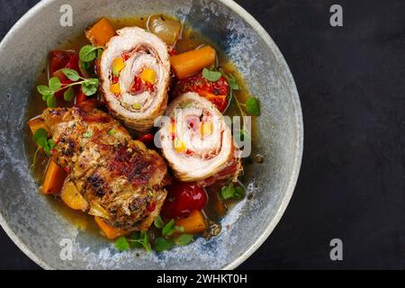 Tradizionale roulade di maiale tedesco a cottura lenta con verdure e pancetta servite in salsa piccante con sugo di carne come vista dall'alto in un piatto di design Foto Stock