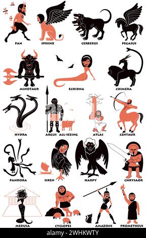 Serie di illustrazioni a design piatto di creature e figure della mitologia greca su sfondo bianco. Illustrazione Vettoriale