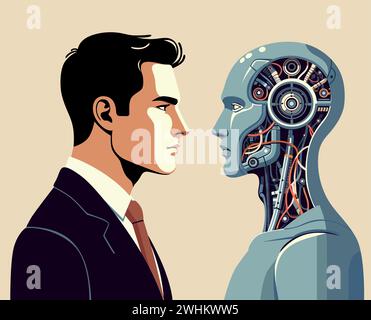 Illustrazione in stile art deco di un essere umano che affronta un androide, evidenziando il contrasto tra uomo e macchina. Illustrazione Vettoriale