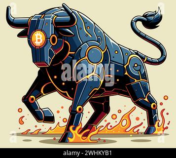 Illustrazione in stile fumetto di un toro meccanico con simbolo Bitcoin che si carica con energia ardente. Illustrazione Vettoriale