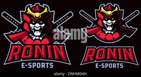Illustrazione in stile mascotte di un guerriero samurai per la squadra Ronin, ambientata su uno sfondo nero. Illustrazione Vettoriale