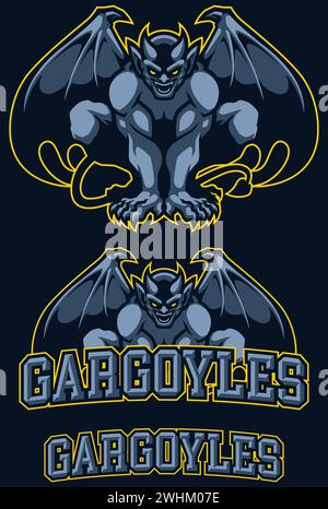 Illustrazione in stile mascotte di un minaccioso gargoyle per la squadra sportiva Gargoyles, ambientato su uno sfondo scuro. Illustrazione Vettoriale