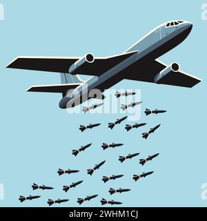 Illustrazione in stile vintage di un aereo militare che rilascia bombe a metà volo contro un cielo limpido. Illustrazione Vettoriale