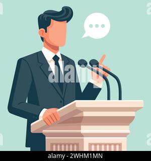 Illustrazione dal design piatto di un uomo che fa un discorso su un podio con una bolla, su uno sfondo morbido. Illustrazione Vettoriale