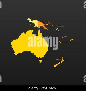 Mappa politica dell'Australia. Terra di colore giallo con etichette di nome paese su sfondo grigio scuro. Proiezione ortografica. Illustrazione vettoriale Illustrazione Vettoriale