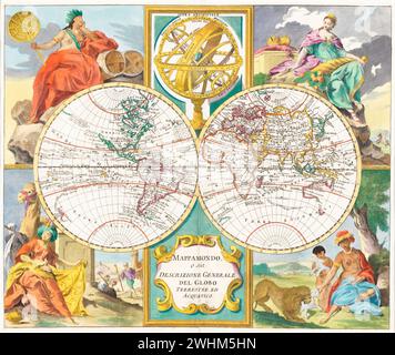 Mappa del mondo illustrato, o descrizione generale del globo terrestre e acquatico, con disegni pittoreschi in angoli e bordi. Di Guillaume de l'Isle intorno al 1700 Foto Stock