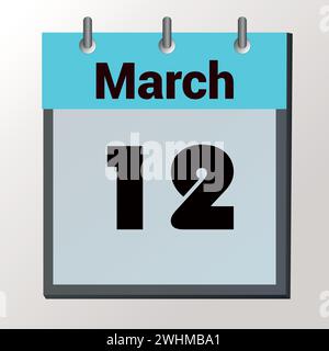 Pagina del calendario vettoriale con data 12 marzo, colori chiari Illustrazione Vettoriale