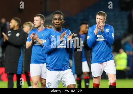 Glasgow, Regno Unito. 10 febbraio 2024. I Rangers affrontano l'Ayr United nel quinto round della Scottish gas Men's Scottish Cup all'Ibrox Stadium di Glasgow, Scozia, Regno Unito. L'Ibrox Stadium è lo stadio di casa dei Rangers. I Rangers giocano nella Premier Division del calcio scozzese e l'Ayr United è nella seconda divisione della SPFL. Crediti: Findlay/Alamy Live News Foto Stock