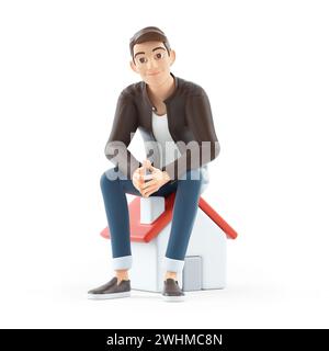 uomo dei cartoni animati 3d seduto sull'icona della casa, illustrazione isolata su sfondo bianco Foto Stock