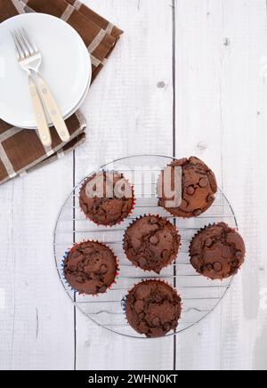 Muffin al cioccolato doppio appena sfornati su una griglia rotonda con composizione piatta. Formato verticale con sfondo rustico in legno. Foto Stock