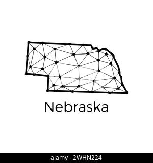 Illustrazione poligonale della mappa di stato del Nebraska fatta di linee e punti, isolata su sfondo bianco. STATI UNITI: Design a basso poli Foto Stock