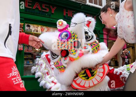 Londra, Regno Unito, 10 febbraio 2024. Le compagnie di danza leoni ballano a Chinatown, visitando aziende e diffondendo buone benedizioni il primo giorno del nuovo anno lunare. Credito: Fotografia dell'undicesima ora/Alamy Live News Foto Stock