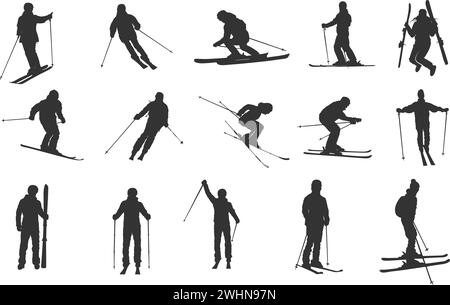 Silhouette da sci, silhouette da sciatore, silhouette da sci, set vettoriale da sciatore, silhouette da snowboard, silhouette sportiva invernale. Illustrazione Vettoriale