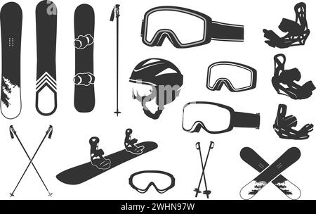 Elementi da snowboard silhouette, elementi da snowboard, silhouette da snowboard, set vettoriale di attrezzature da snowboard Illustrazione Vettoriale