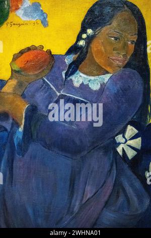 Dipinto di Paul Gauguin del 1892, olio su tela, chiamato 'Vahine no te vi (donna del mango)' in mostra al Museo d'Arte di Baltimora Foto Stock