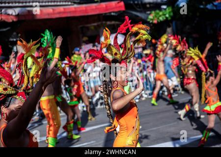 Barranquilla, Colombia. 10 febbraio 2024. Ballerino visto esibirsi durante il carnevale. Il Carnevale di Barranquilla è uno dei più importanti festival folcloristici in Colombia, uno dei carnevali più noti in America Latina e un patrimonio culturale immateriale dell'umanità proclamato dall'UNESCO (Organizzazione delle Nazioni Unite per l'educazione, la scienza e la cultura) nel 2003. È un insieme di culture, native, africane e spagnole che si riflette nelle danze, nelle maschere, nei carri allegorici, nei vestiti e nella musica. Credito: SOPA Images Limited/Alamy Live News Foto Stock