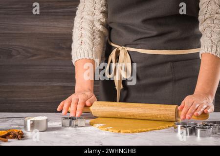 Mani femminili che preparano biscotti di Natale Foto Stock