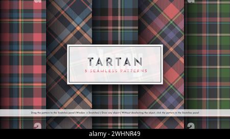 Impostare 5 motivo al tartano senza cuciture. Struttura scozzese tradizionale. Tessuto alla moda. Sfondo tessile Illustrazione Vettoriale