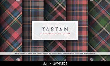 Impostare 5 motivo al tartano senza cuciture. Struttura scozzese tradizionale. Tessuto alla moda. Sfondo tessile Illustrazione Vettoriale