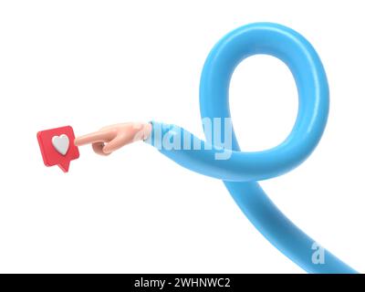 Icona dei gesti dei cartoni animati Mockup.3D con il dito della mano preme il pulsante Like (mi piace). Concetto di social media marketing. Icona di notifica simile. App di social network. 3D Ren Foto Stock