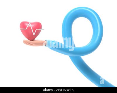 rendering 3d. Icona della frequenza cardiaca medica. Cartoon medico o cardiologo mano che tiene il cuore con linea cartografica. Illustrazione per il settore sanitario. Clip per elettrocardiogramma art.3D. Foto Stock