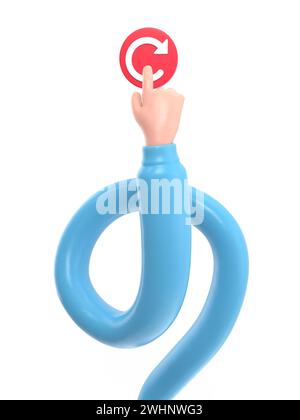 Concetto di riavvio. Riavvio della tecnologia. Mano per premere un grande pulsante rosso. Disegno piatto di illustrazione 3d.rendering 3D su sfondo bianco.concetto di bracci lunghi. Foto Stock