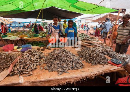 L'uomo malgascio compra pesce secco in un mercato di strada. La pesca è uno dei mezzi di sussistenza in Madagascar. Foto Stock