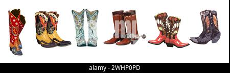 Set di diversi stivali da cowboy isolati. Illustrazione Vettoriale