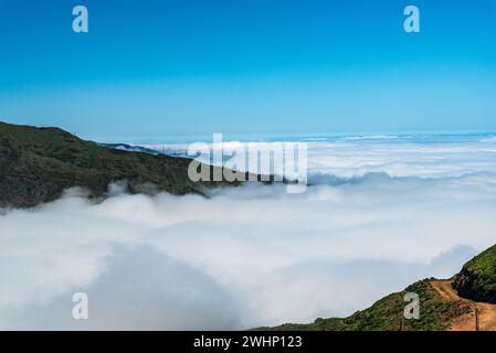 Strada sterrata con la parte più alta della collina sopra il paesaggio nuvoloso di Madeira - vista da Levada do Pau durante il pomeriggio primaverile Foto Stock