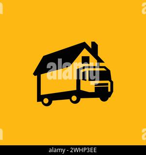 Un logo che mostra un camion che si muove ad angolo e trasporta una casa. Illustrazione Vettoriale
