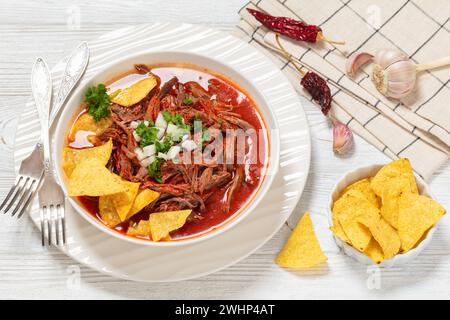 birria de res, stufato di manzo messicano in salsa di peperoni rossi caldi con cipolla cruda e coriandolo tritato, patatine di taco in ciotola bianca, vista sul paesaggio Foto Stock