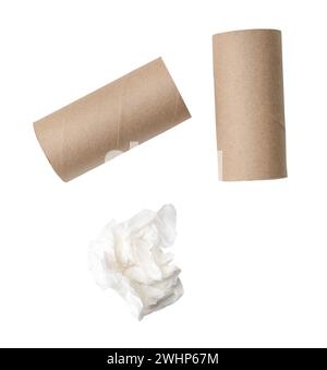 Il set di carta velina o tovagliolo avvitati o stropicciati con masse radianti di forma strana dopo l'uso in bagno o in bagno è isolato su bianco Foto Stock