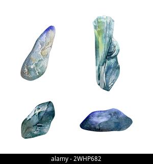 Illustrazione ad acquerello disegnata a mano preziosa gemma di cristallo di chakra pietra di nascita. Acquamarina lapis topaz. Set di oggetti isolati su Foto Stock