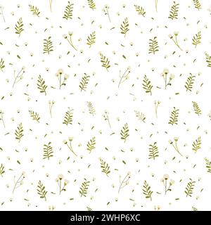Disegno a mano con motivi botanici senza cuciture. Sfondo bianco con delicati fiori e foglie. Stile minimalista. Cotone in fiore. Illustrazione vettoriale. Illustrazione Vettoriale